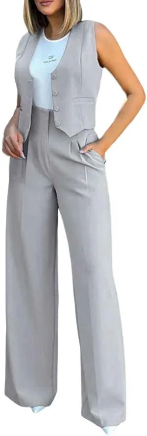 Womens Two Piece Outfits Summer Comfy Sets Sleeveless button down jacket baggy wide leg Blazer Pant workout tracksuit