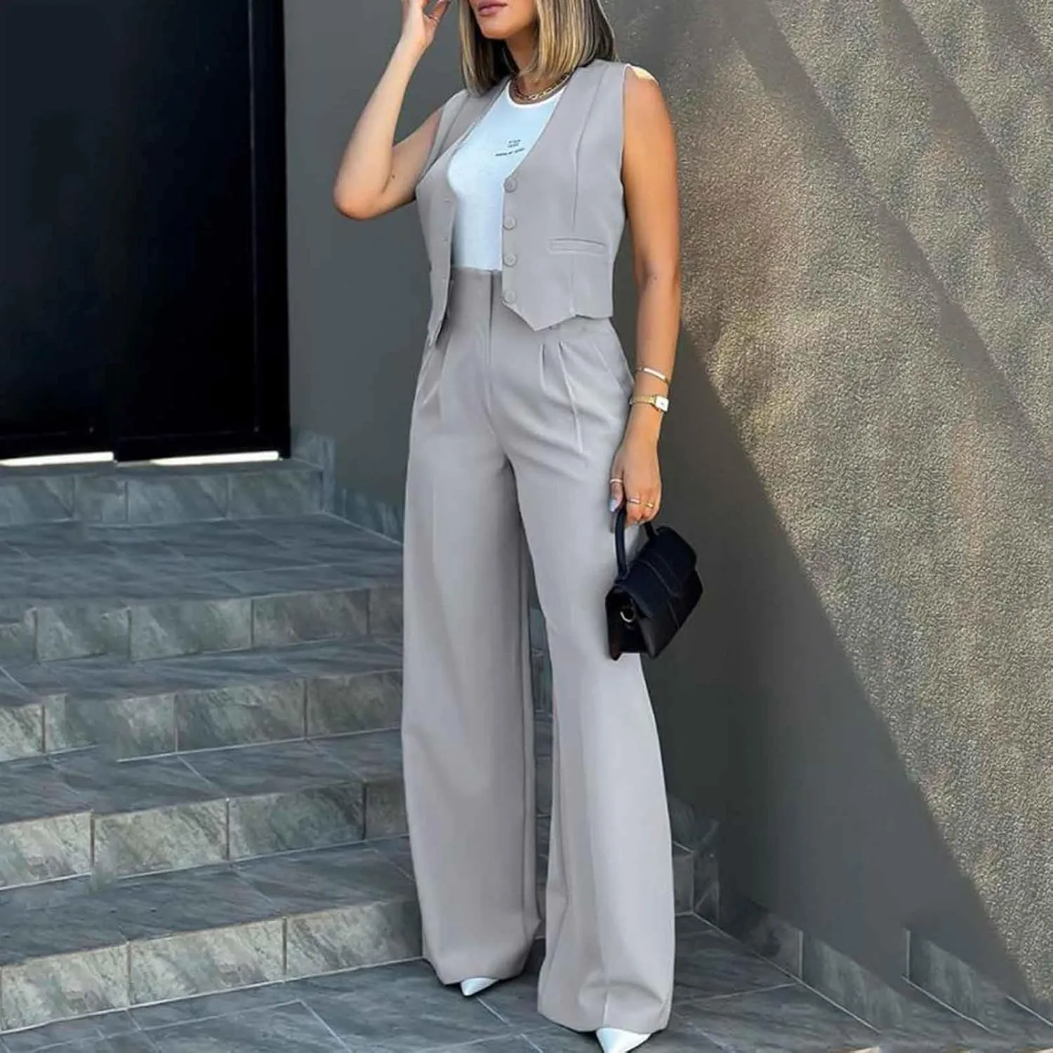 Womens Two Piece Outfits Summer Comfy Sets Sleeveless button down jacket baggy wide leg Blazer Pant workout tracksuit