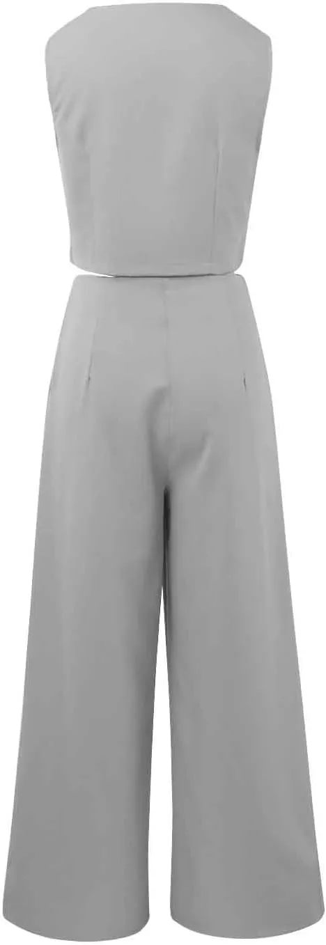 Womens Two Piece Outfits Summer Comfy Sets Sleeveless button down jacket baggy wide leg Blazer Pant workout tracksuit