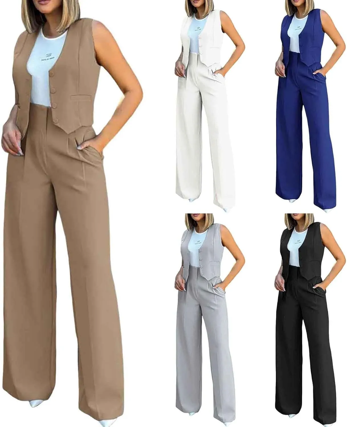 Womens Two Piece Outfits Summer Comfy Sets Sleeveless button down jacket baggy wide leg Blazer Pant workout tracksuit