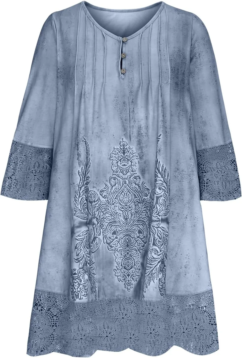 Women's Vintage Embroidered Midi Dress, 3/4 Sleeve V-Neck Half Button Elegant Dresses Fashion Hollow Out Loose Clothes