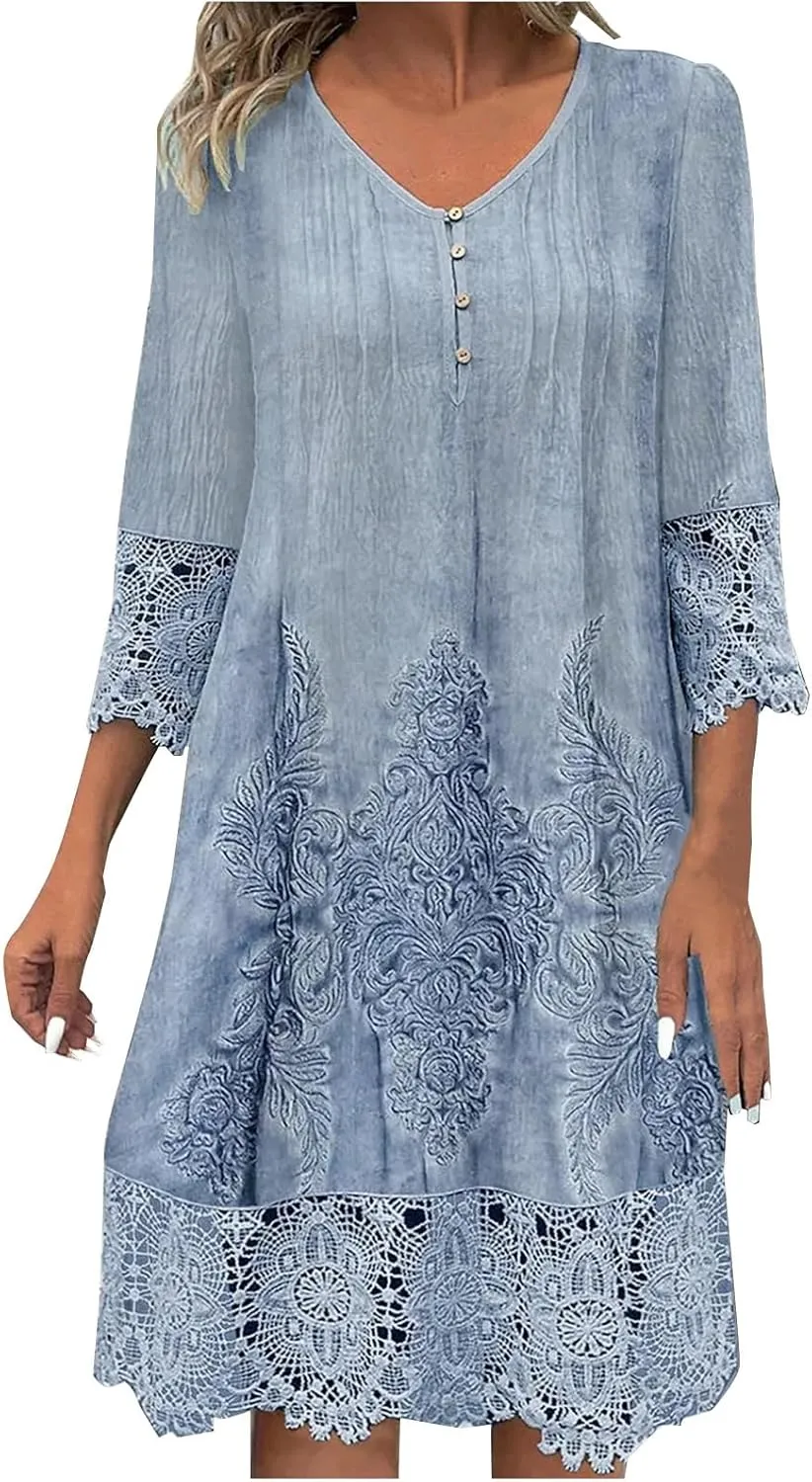 Women's Vintage Embroidered Midi Dress, 3/4 Sleeve V-Neck Half Button Elegant Dresses Fashion Hollow Out Loose Clothes