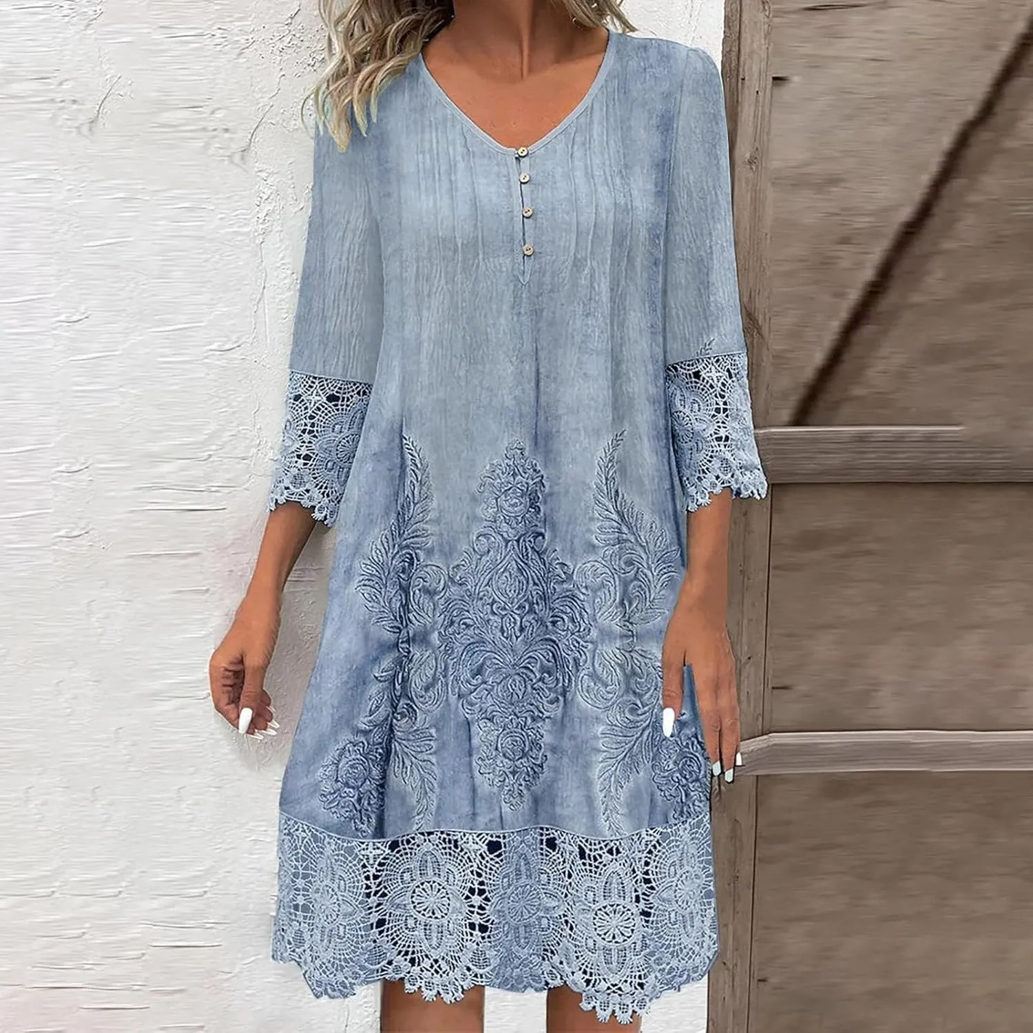 Women's Vintage Embroidered Midi Dress, 3/4 Sleeve V-Neck Half Button Elegant Dresses Fashion Hollow Out Loose Clothes