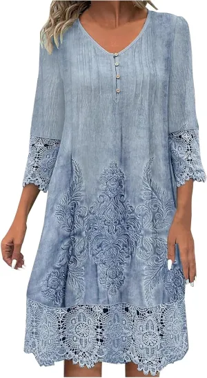 Women's Vintage Embroidered Midi Dress, 3/4 Sleeve V-Neck Half Button Elegant Dresses Fashion Hollow Out Loose Clothes