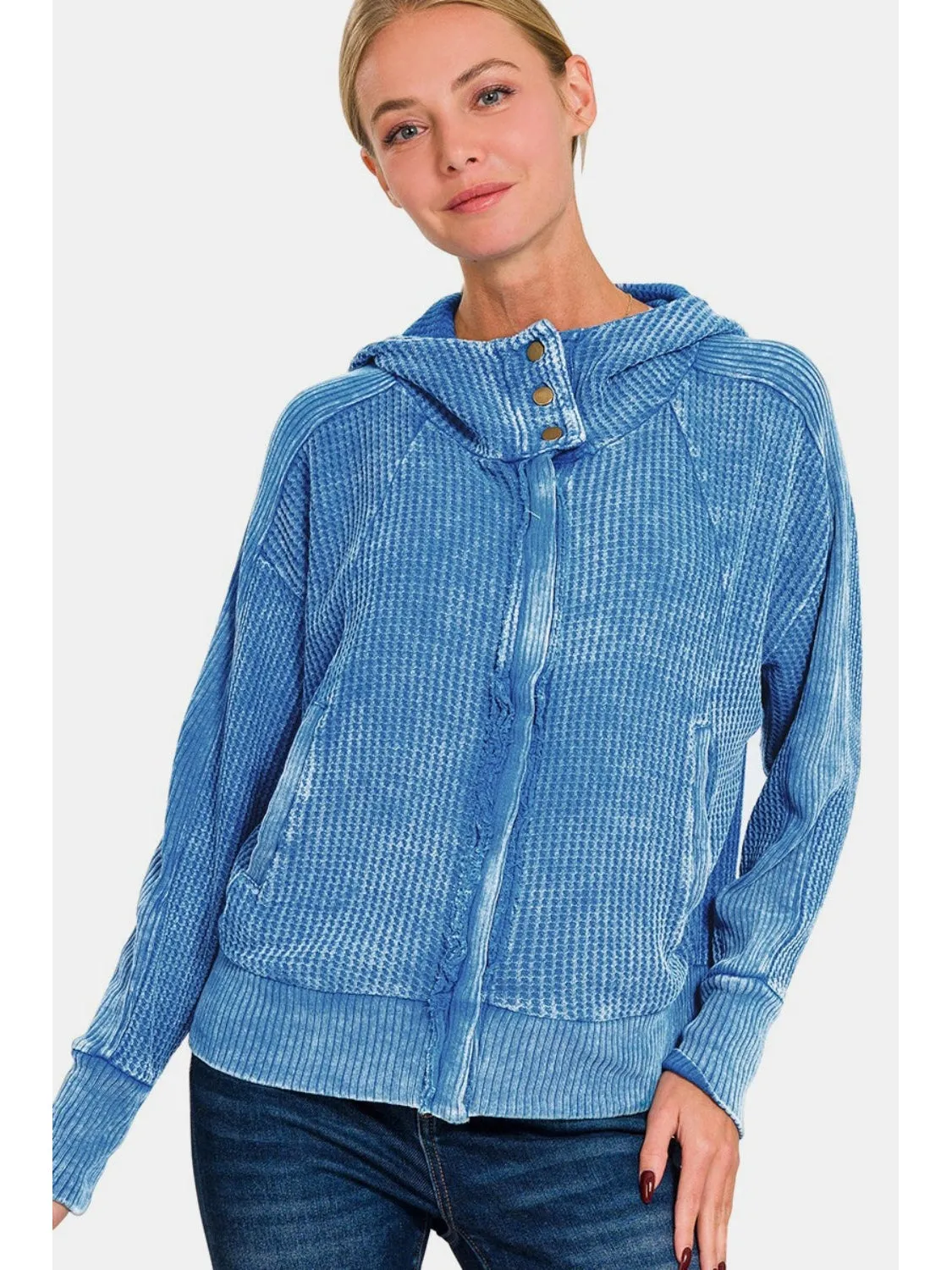 Zenana Washed Zip Up Hooded Jacket
