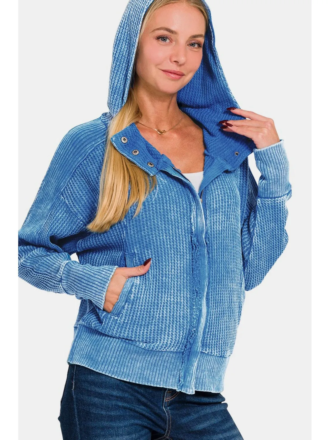 Zenana Washed Zip Up Hooded Jacket